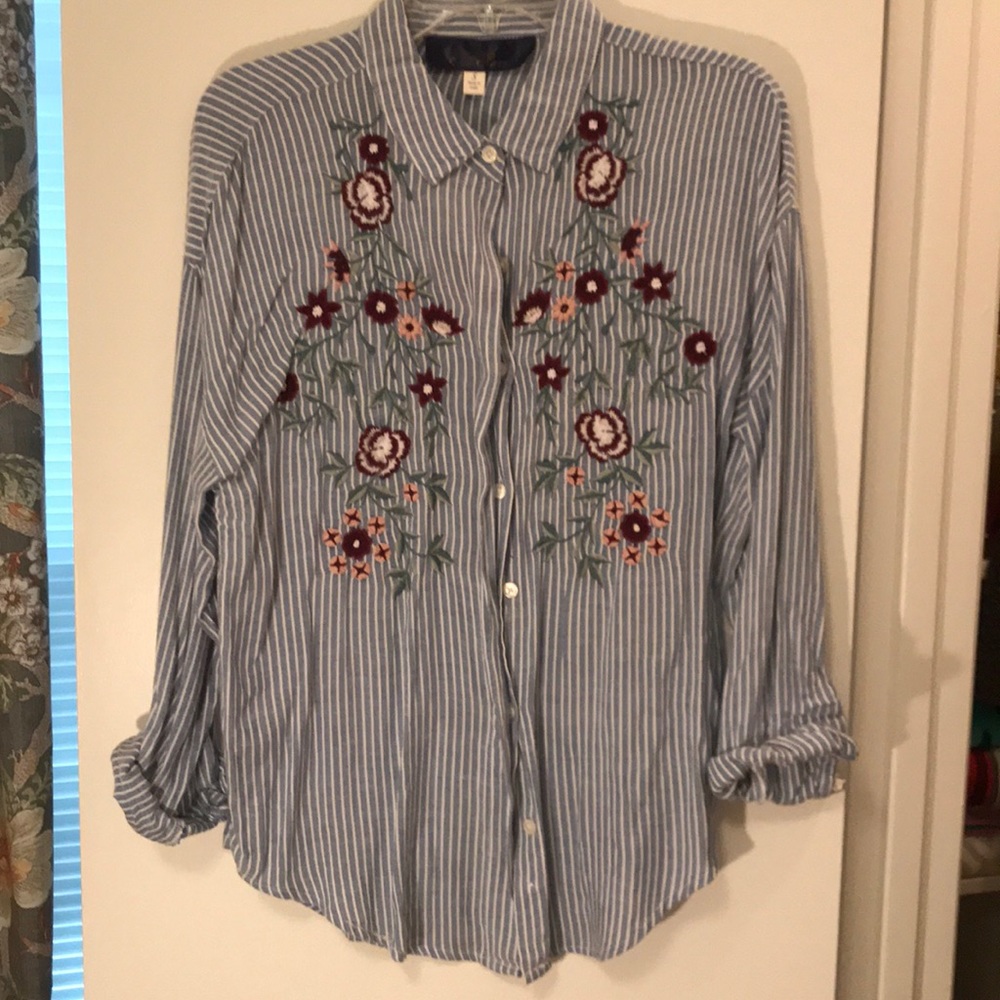 Blue Striped Floral Blouse